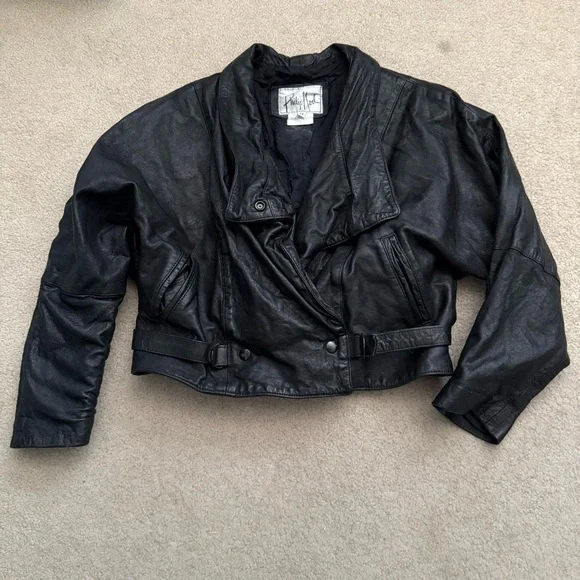 Vintage 1980s Philip Noel Cropped Black Leather Boxy Jacket